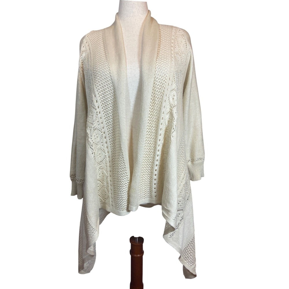 Crochet Cardigan Ivory Lace Back Boho‎ Handkerchief Hem XL